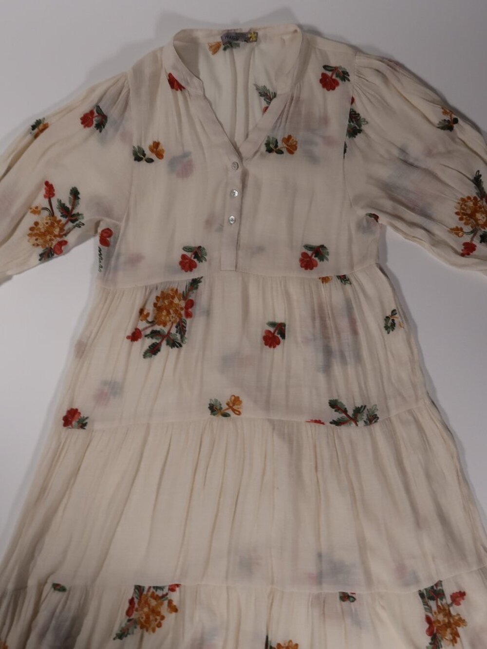 Cream Floral Tiered Boho Dress with Red & Mustard Flowers
